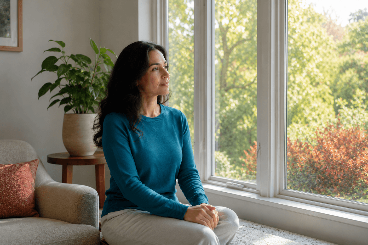 Woman sitting peacefully in a quiet room and becoming comfortable with silence