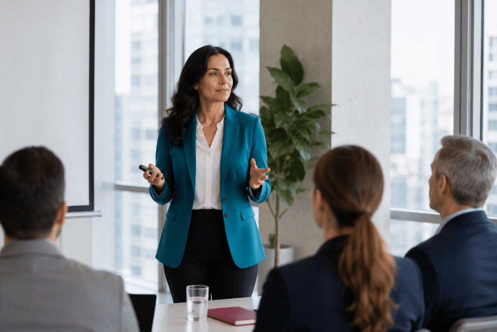 Woman confidently speaking to a small audience in a bright conference room