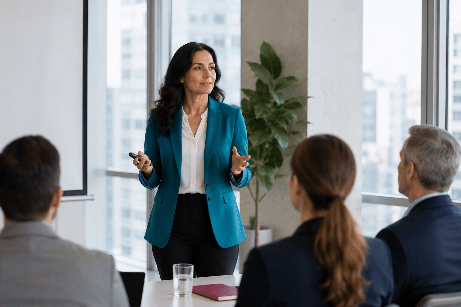 Woman confidently speaking to a small audience in a bright conference room