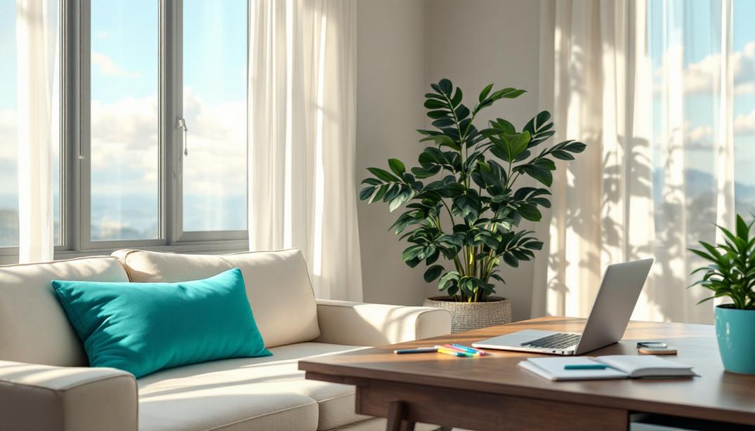 A bright home workspace with organized tools and natural light, emphasizing how hypnotherapy strengthens focus and goal achievement.