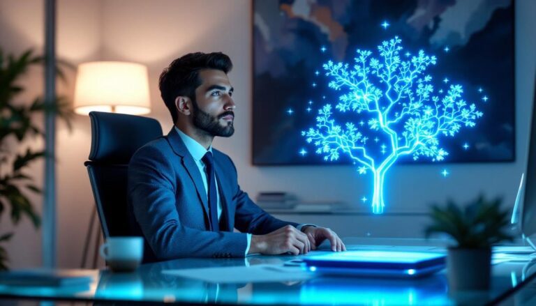 A businessman seated at his desk, gazing at a glowing digital tree, representing how hypnotherapy enhances strategic thinking and decision-making.