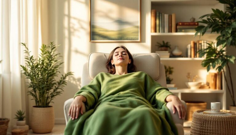 A calm woman reclining in a comfortable chair, wrapped in a green blanket, in a cozy room with plants and bookshelves.