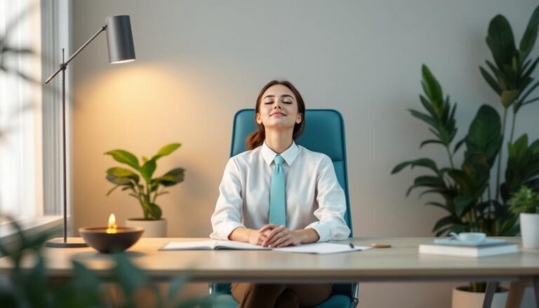A confident individual seated at a desk, taking a deep breath, embodying how hypnotherapy builds resilience and courage.