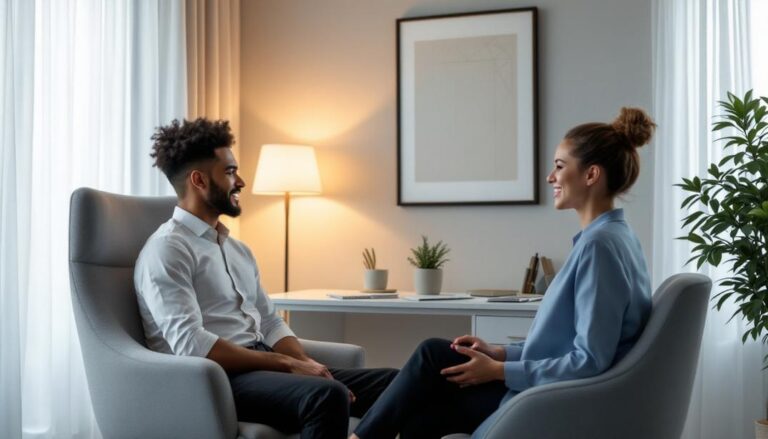 A focused individual achieving peak work performance through hypnotherapy.