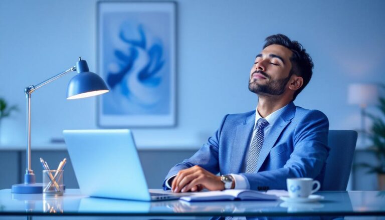 A man in a business suit sitting at his desk with eyes closed, illuminated by soft blue lighting, depicting how hypnotherapy enhances professional success by promoting focus and stress relief.