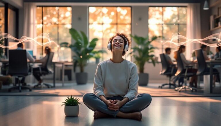 A man in a relaxed pose at his desk with closed eyes, glowing soft light around him, illustrating how hypnotherapy effectively manages workplace stress.