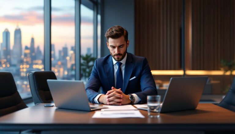 A professional at a desk in a corporate setting, deep in thought with a determined expression, showcasing how hypnotherapy improves negotiation skills.
