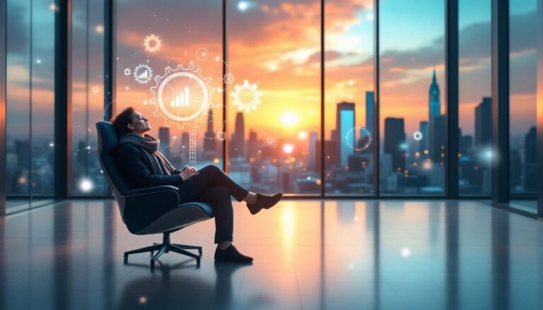 A professional seated by a window with a city skyline, surrounded by glowing gears and charts, illustrating how hypnotherapy unlocks visualization techniques for career success.