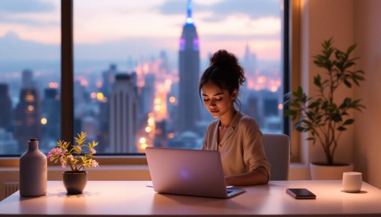 A professional working late with a city skyline backdrop, illustrating how hypnotherapy unlocks subconscious patterns for professional growth.