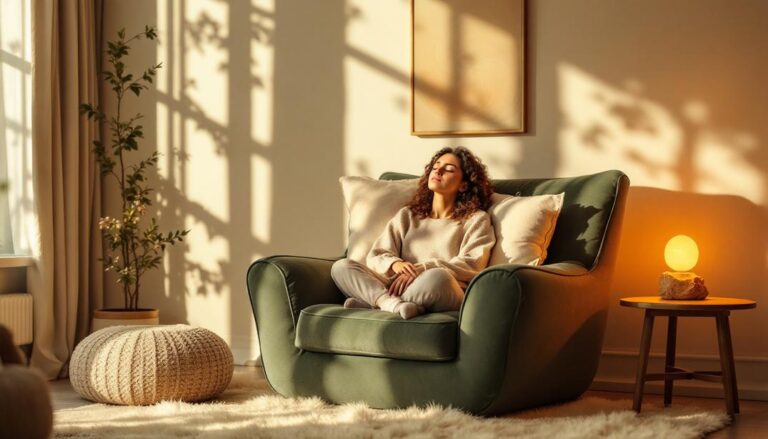A relaxed woman sitting on a cozy armchair in a softly lit living room, soaking in peaceful sunlight.
