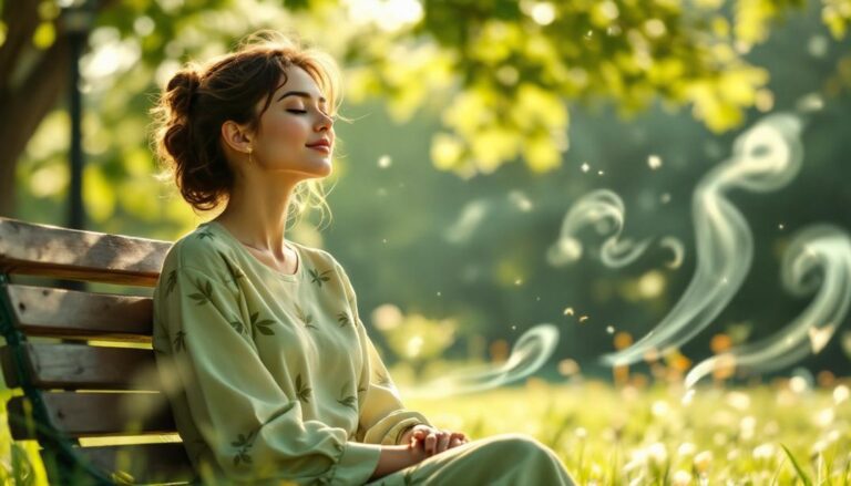 A serene woman sitting on a park bench, eyes closed, enjoying the tranquil outdoors, surrounded by sunlight and greenery.