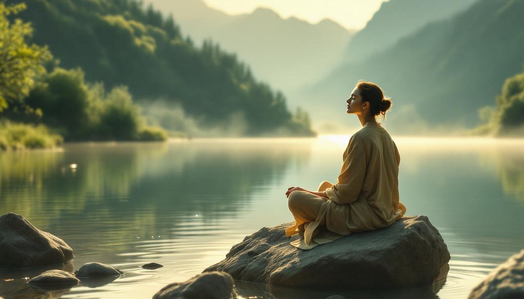 A tranquil scene of a woman meditating on a rock by a calm lake surrounded by mountains, symbolizing inner peace.