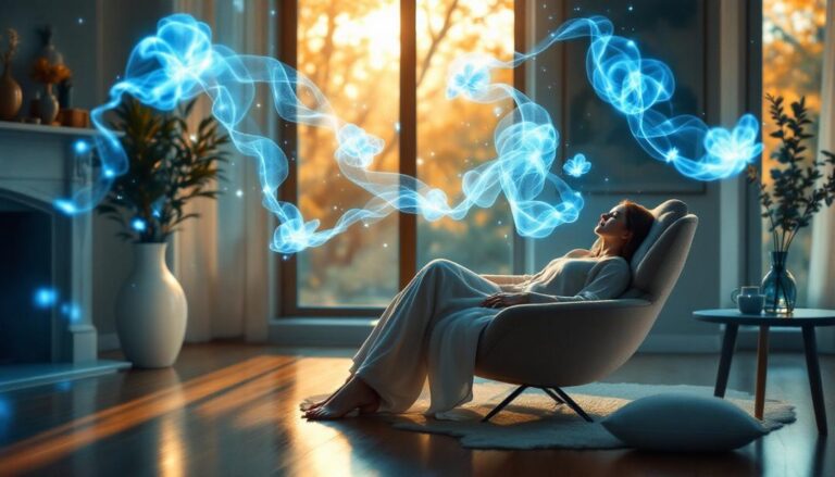 A woman lounging in a serene room surrounded by ethereal glowing patterns, symbolizing how hypnotherapy unlocks creativity and entrepreneurial potential.
