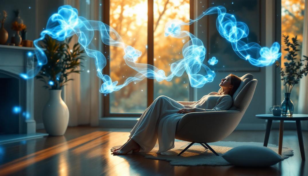 A woman lounging in a serene room surrounded by ethereal glowing patterns, symbolizing how hypnotherapy unlocks creativity and entrepreneurial potential.