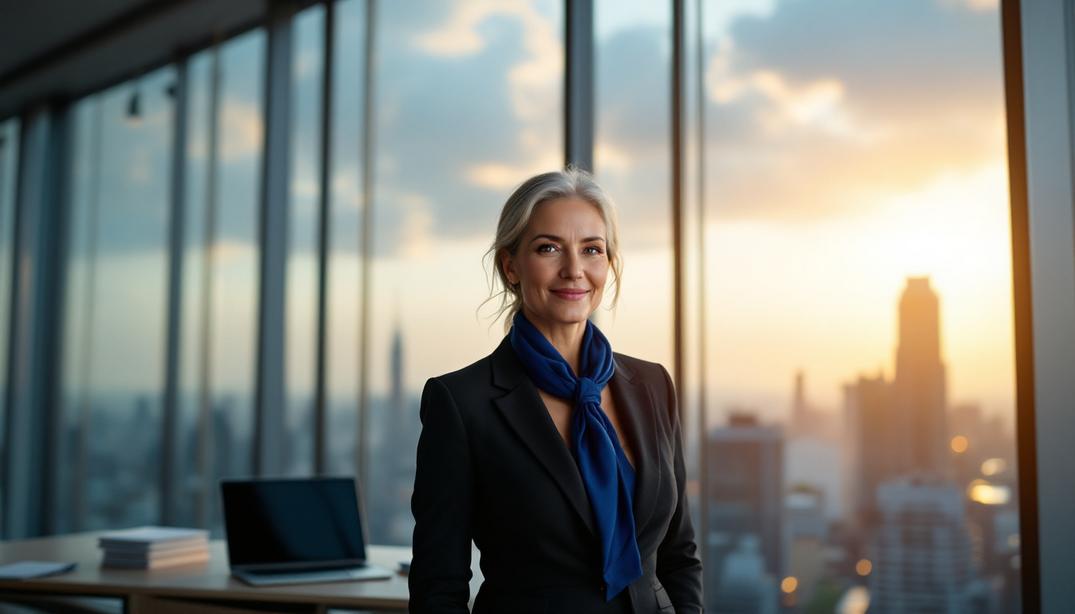 A woman meditating at her desk with a serene expression, glowing energy waves around her, highlighting how hypnotherapy strengthens leadership confidence.