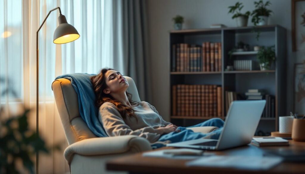 A woman reclining comfortably at home, with a calm ambiance, representing how hypnotherapy helps professionals set boundaries and prioritize effectively.