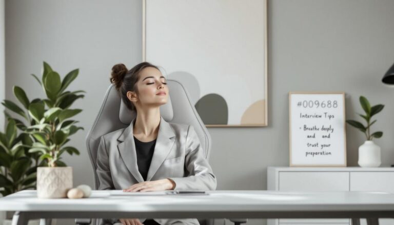A woman seated in a modern office, relaxed with closed eyes, demonstrating how hypnotherapy can boost confidence and focus for job interviews.