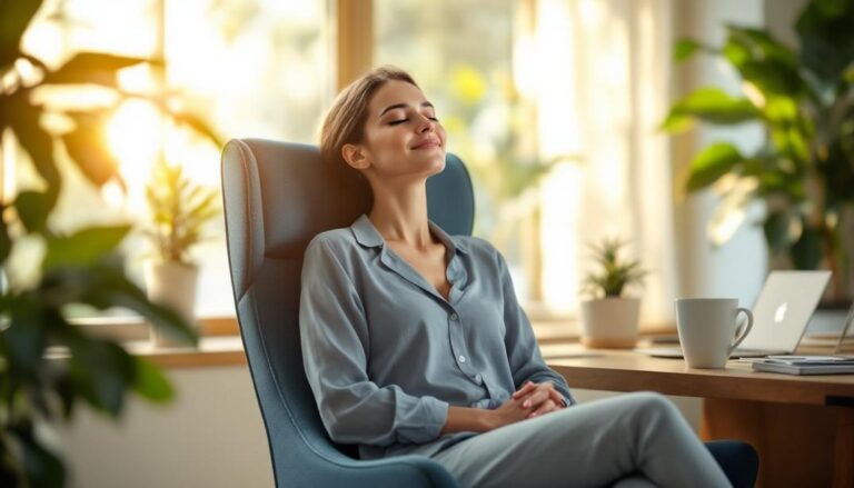A woman seated in a serene office environment with closed eyes, basking in warm natural light, symbolizing how hypnotherapy fosters relaxation and mental rejuvenation.