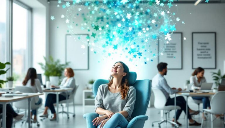 A woman seated in an office environment, relaxed and surrounded by floating stars, showcasing how hypnotherapy improves concentration and mental clarity.