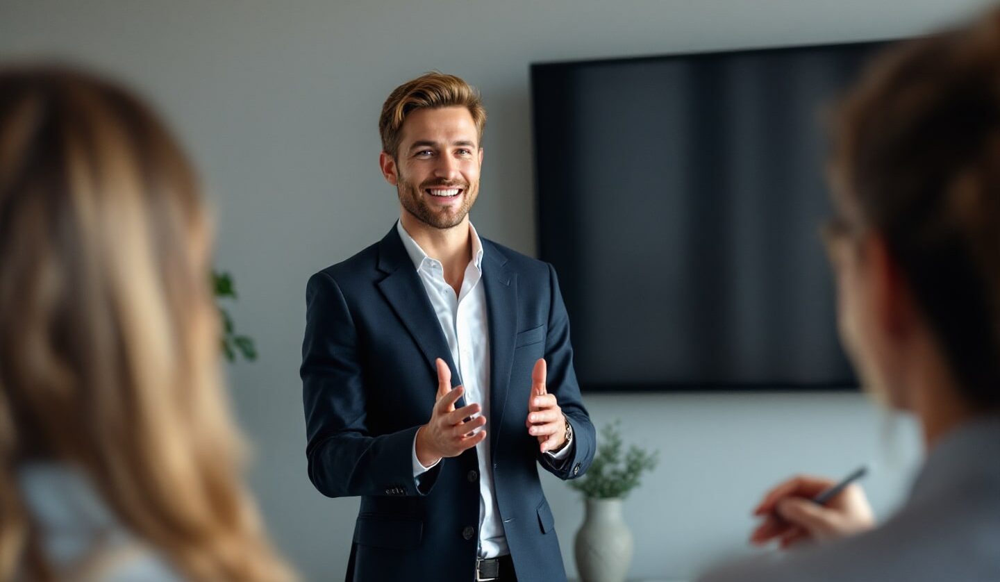 Professional delivering a confident presentation after undergoing career confidence hypnosis therapy.