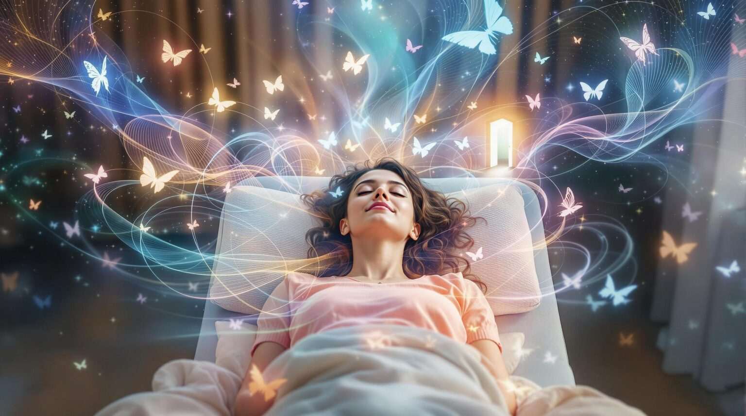 A woman in a relaxed state, lying in bed with a peaceful expression, surrounded by glowing butterflies and swirling light patterns, symbolizing the transformative and lasting benefits of hypnotherapy.