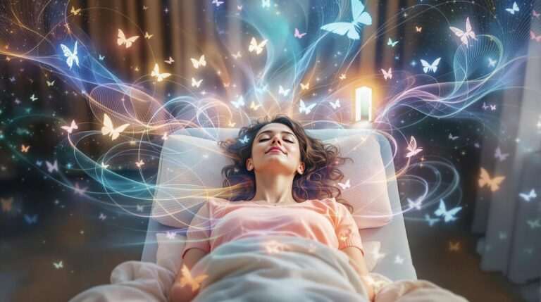 A woman in a relaxed state, lying in bed with a peaceful expression, surrounded by glowing butterflies and swirling light patterns, symbolizing the transformative and lasting benefits of hypnotherapy.