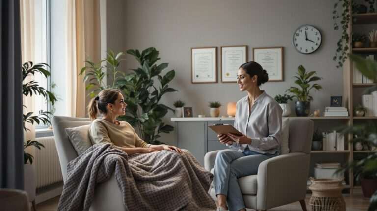 A therapist and a client in a cozy, plant-filled office, having a friendly discussion. The therapist holds a clipboard, suggesting an informed and structured approach, helping to debunk myths about hypnosis.