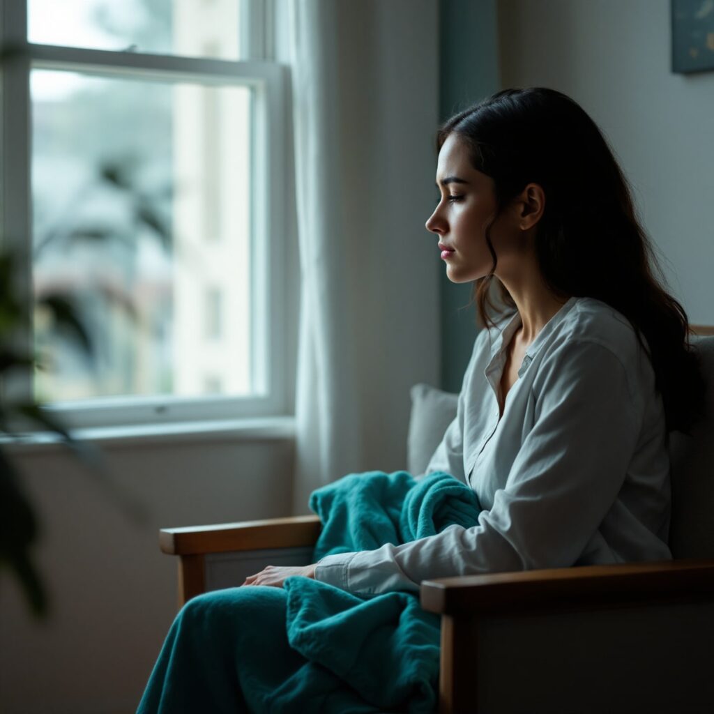 Female client sitting peacefully during a trauma healing hypnotherapy session in a serene, softly lit environment.