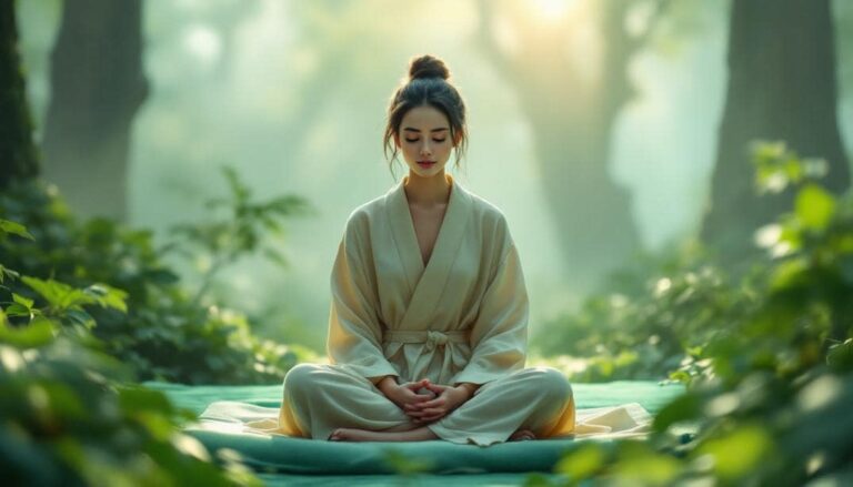 A tranquil outdoor scene with a person meditating in nature, symbolizing the role of the subconscious mind in weight loss.