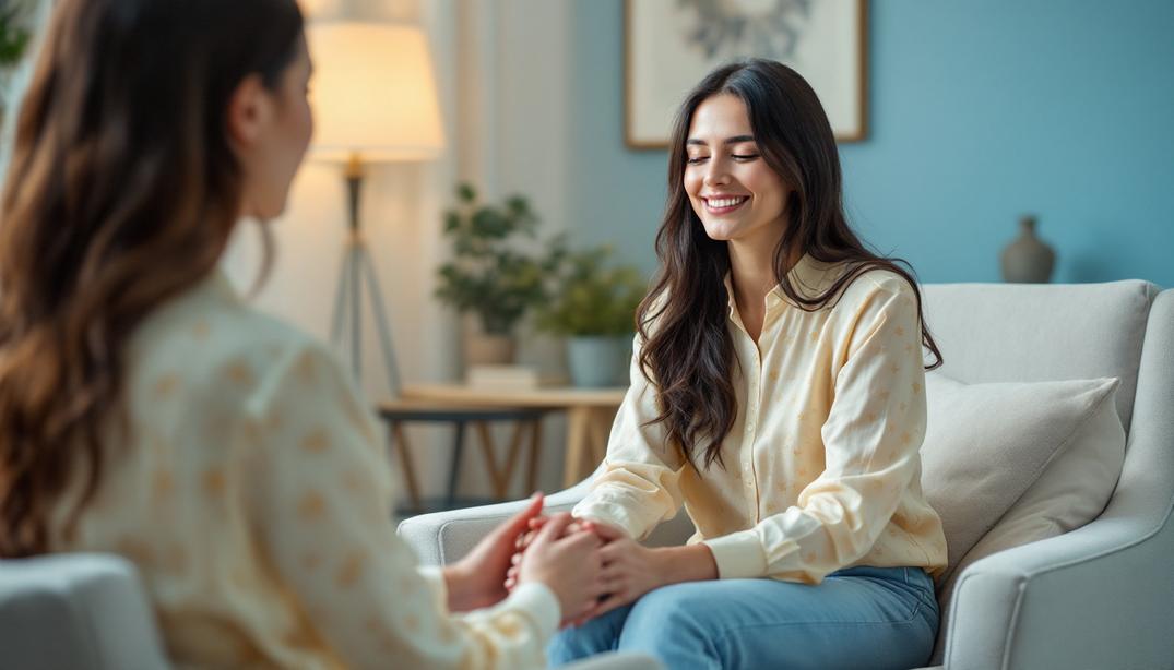 A warm, supportive setting where two women engage in an empathetic conversation, symbolizing guidance and healing.