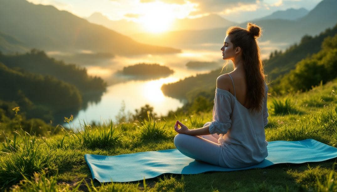 A serene outdoor meditation scene at sunrise, illustrating the mind-body connection in trauma recovery.