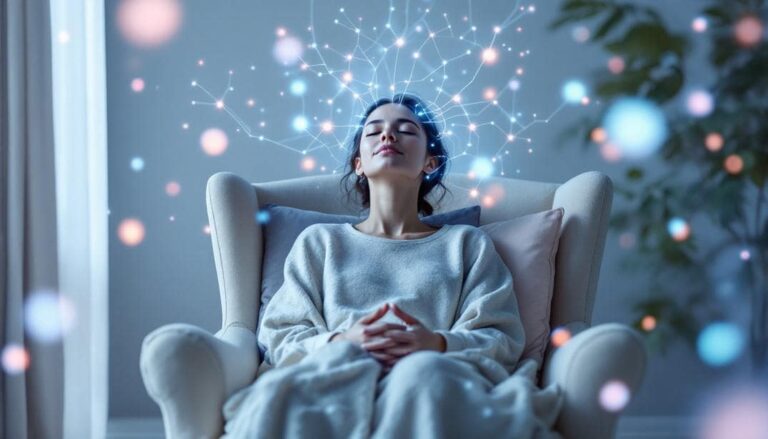 A serene moment showing a person in a relaxed state with glowing neural connections, emphasizing how hypnotherapy helps you rewire your brain.