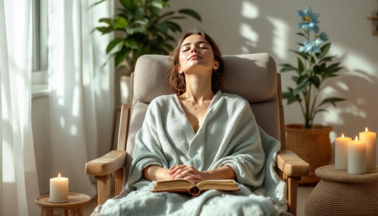 A relaxed woman in a robe reclining in a candlelit room, reflecting calm and focus.