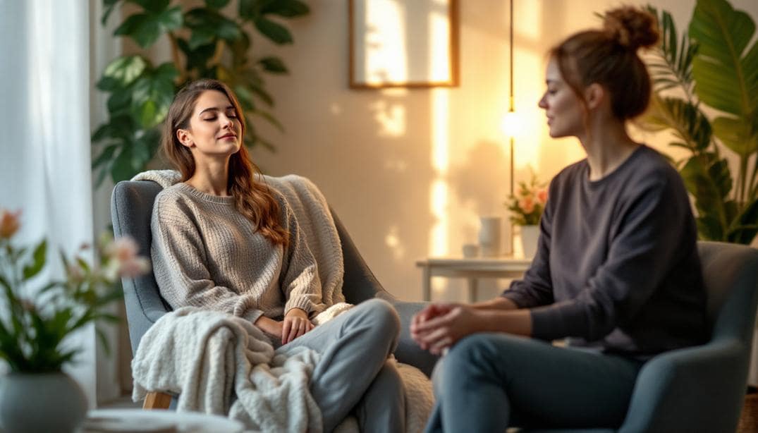 A therapy session in a cozy environment where healing takes place, portraying how hypnosis can help neutralize trauma.