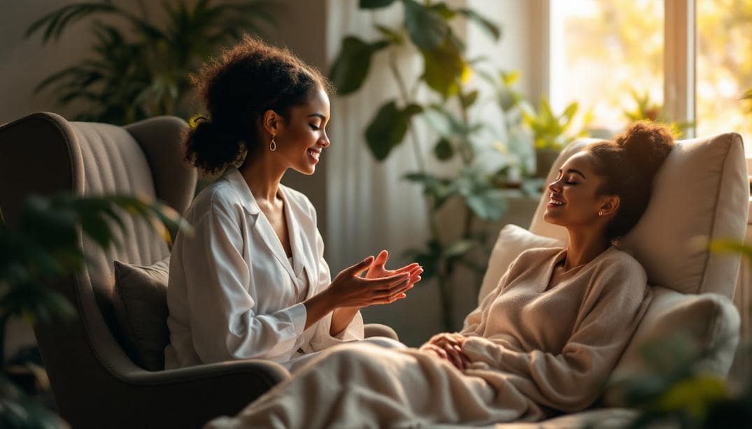 A warm, engaging therapy session where a therapist helps a client, highlighting how hypnosis helps trauma survivors regain control.