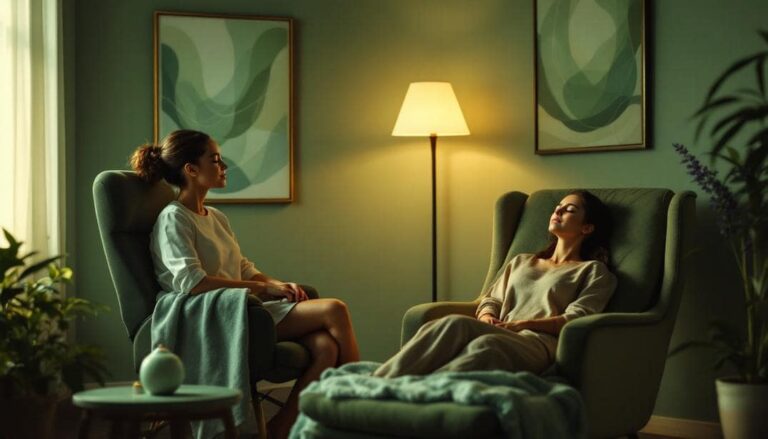 Two individuals in a comfortable, calming room discussing weight-related goals, illustrating what you need to know about weight loss hypnosis.
