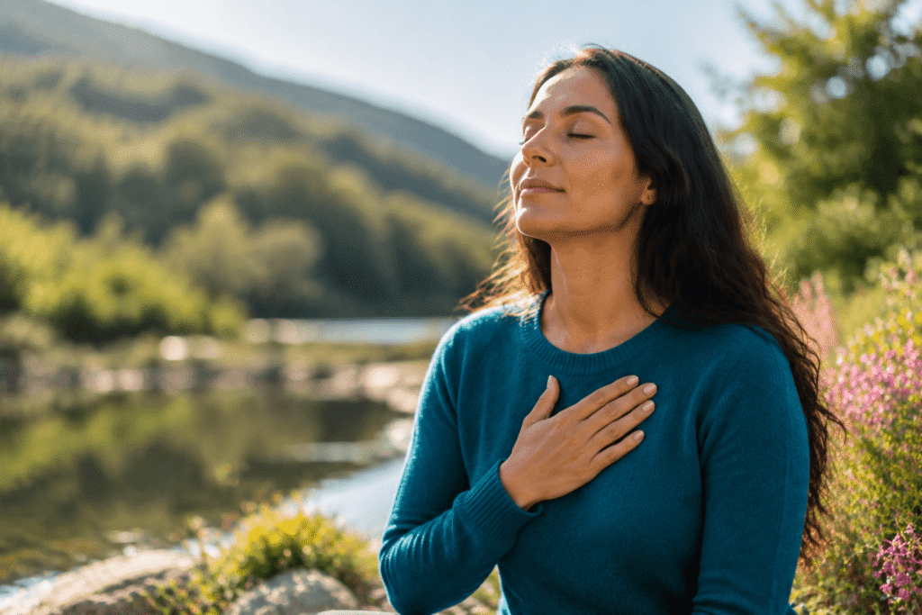Person practicing mindful reflection outdoors representing the mind-body connection through hypnosis support