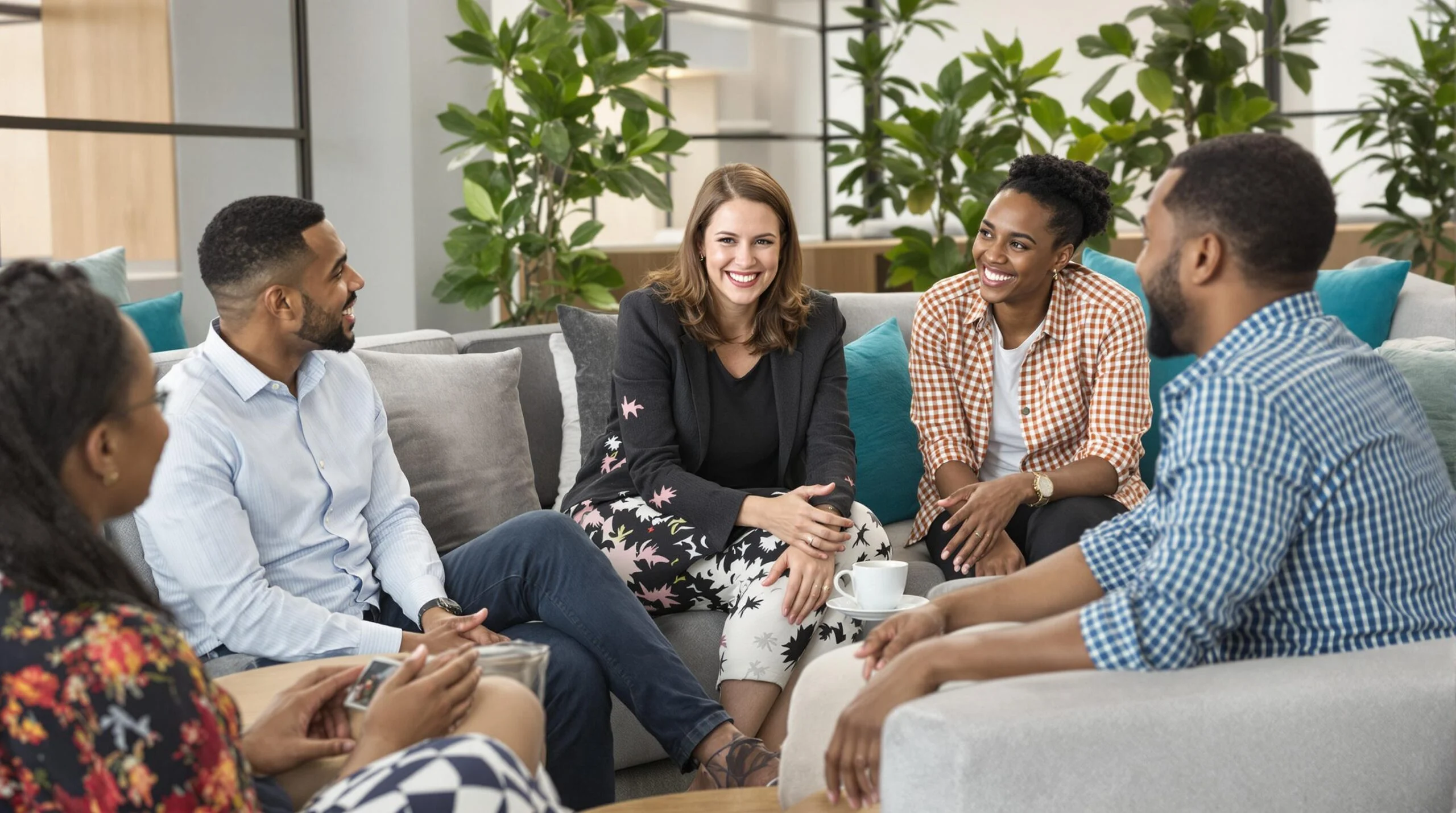 Group of professionals discussing goals and outcomes in a professional success hypnotherapy session in a modern lounge.