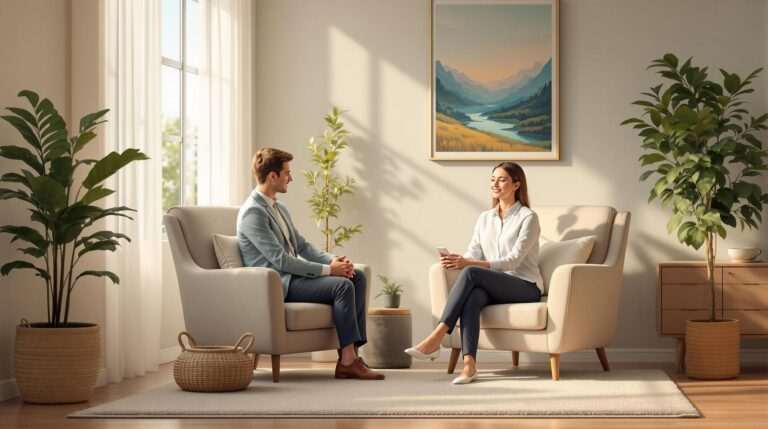 A professional hypnotherapy session in a calm, well-lit room. A therapist and client are seated in comfortable chairs, engaging in a conversation that represents the structured process of hypnotherapy.