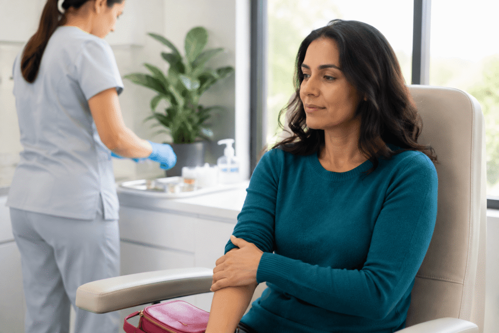 Woman feeling uneasy before a routine injection, representing fear of needles or trypanophobia
