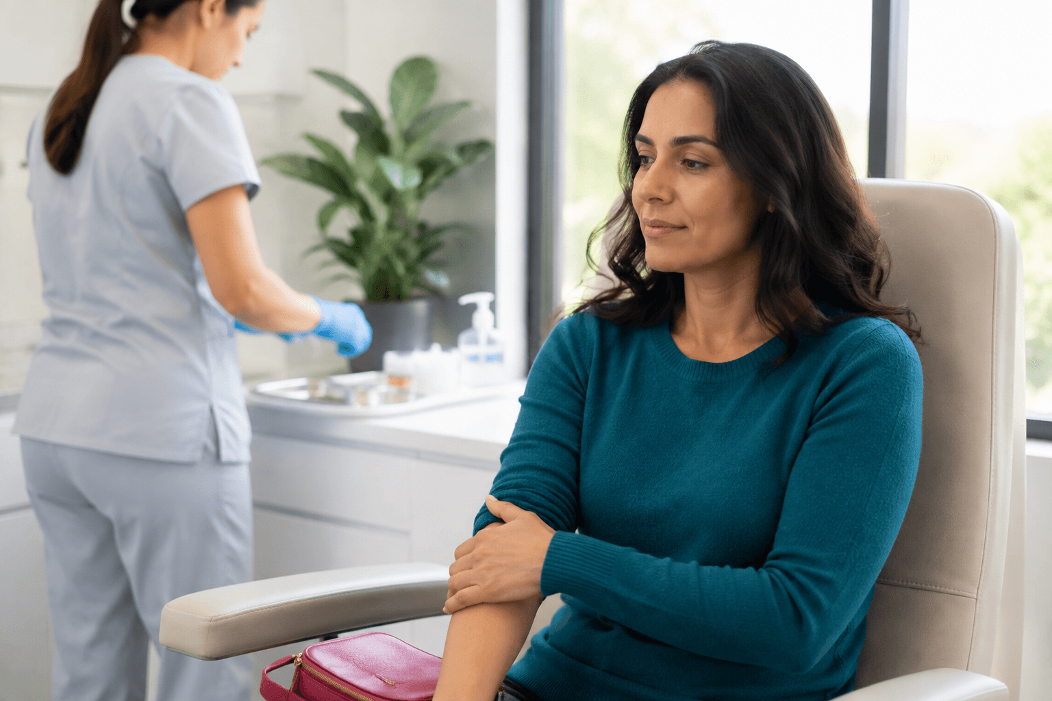 Woman feeling uneasy before a routine injection, representing fear of needles or trypanophobia