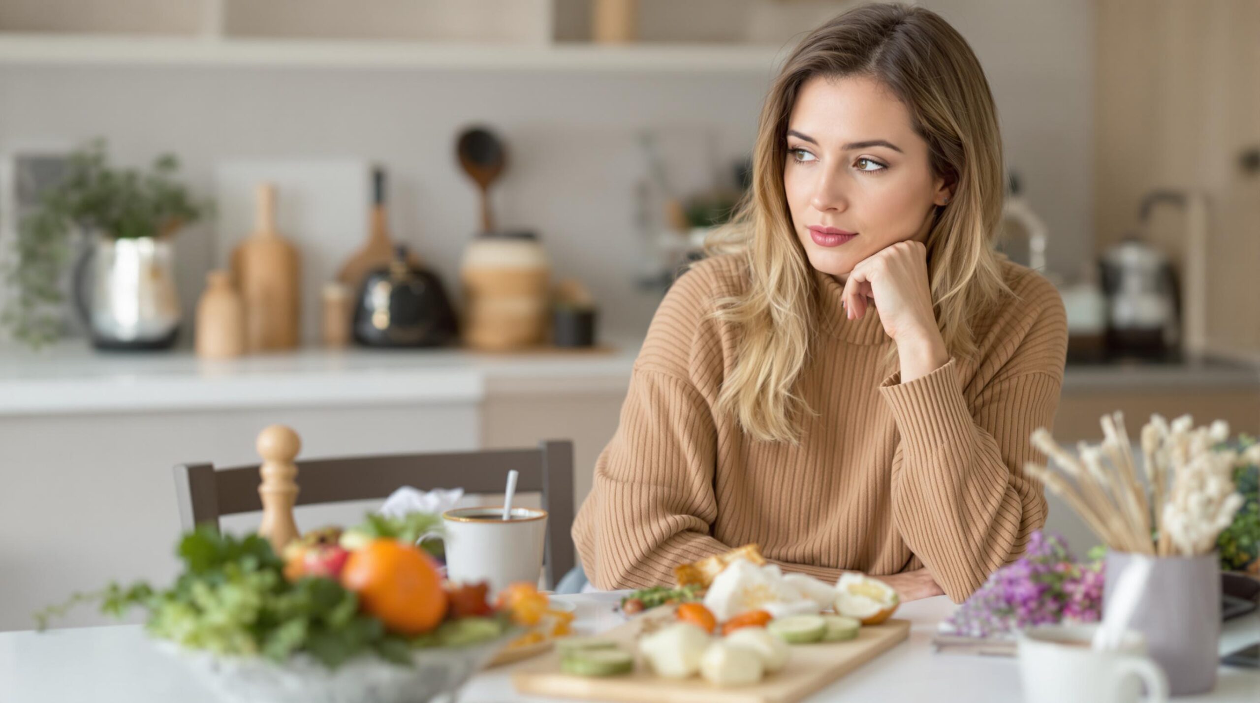 A thoughtful woman sitting at a table with a meal in front of her, appearing mindful and reflective.