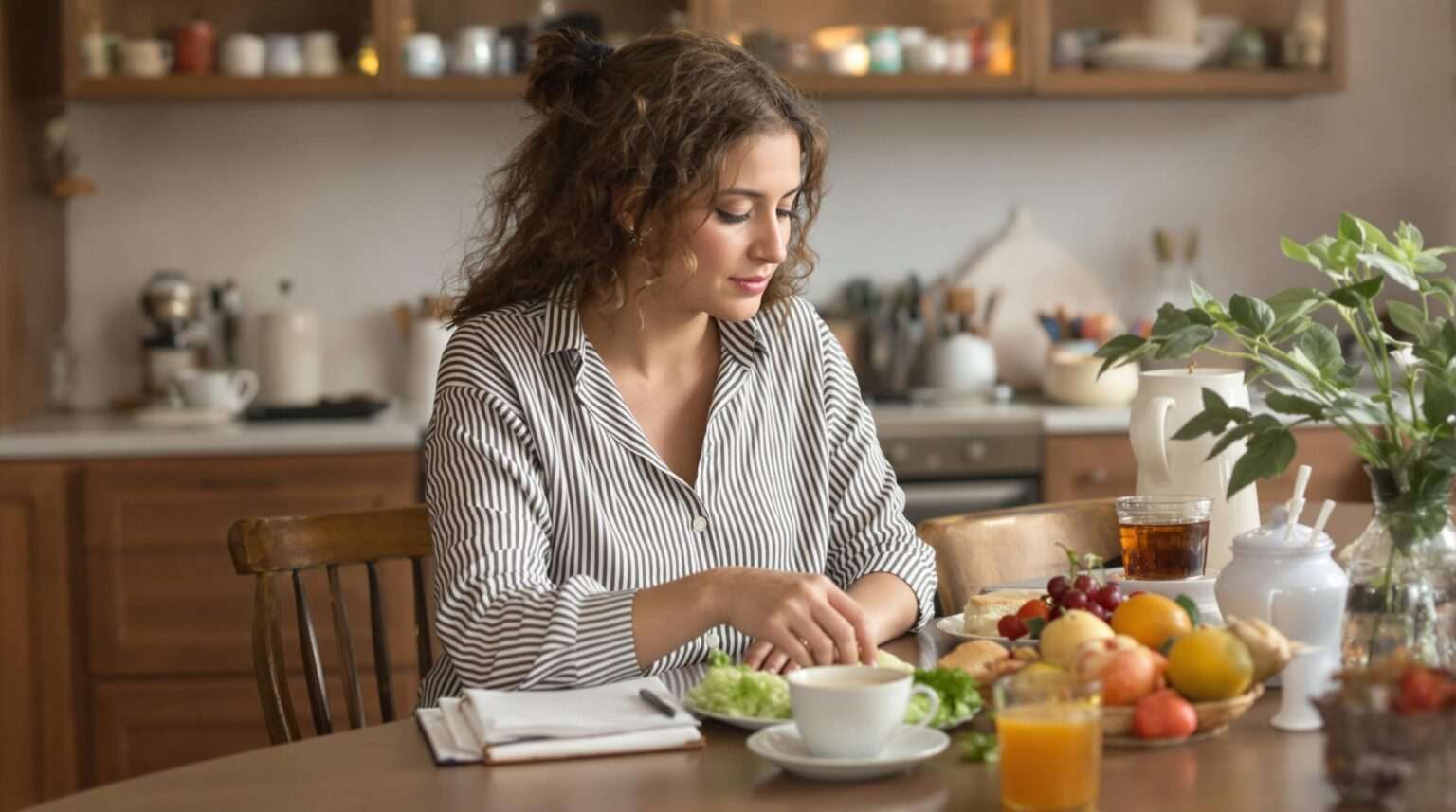 A woman enjoying a healthy meal at a cozy, well-lit kitchen table, surrounded by fresh food.