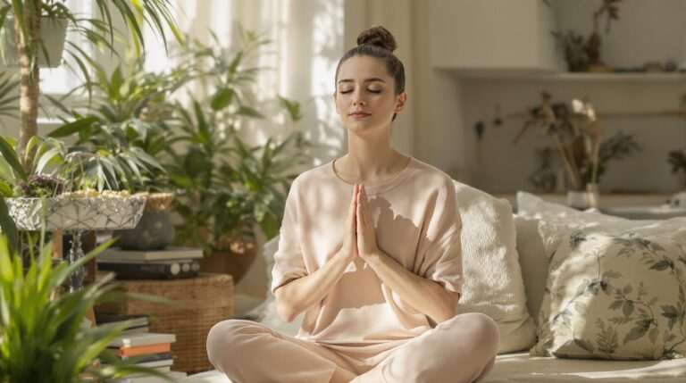A woman meditates peacefully, illustrating the power of stress reduction through hypnosis for a calmer mind and body.
