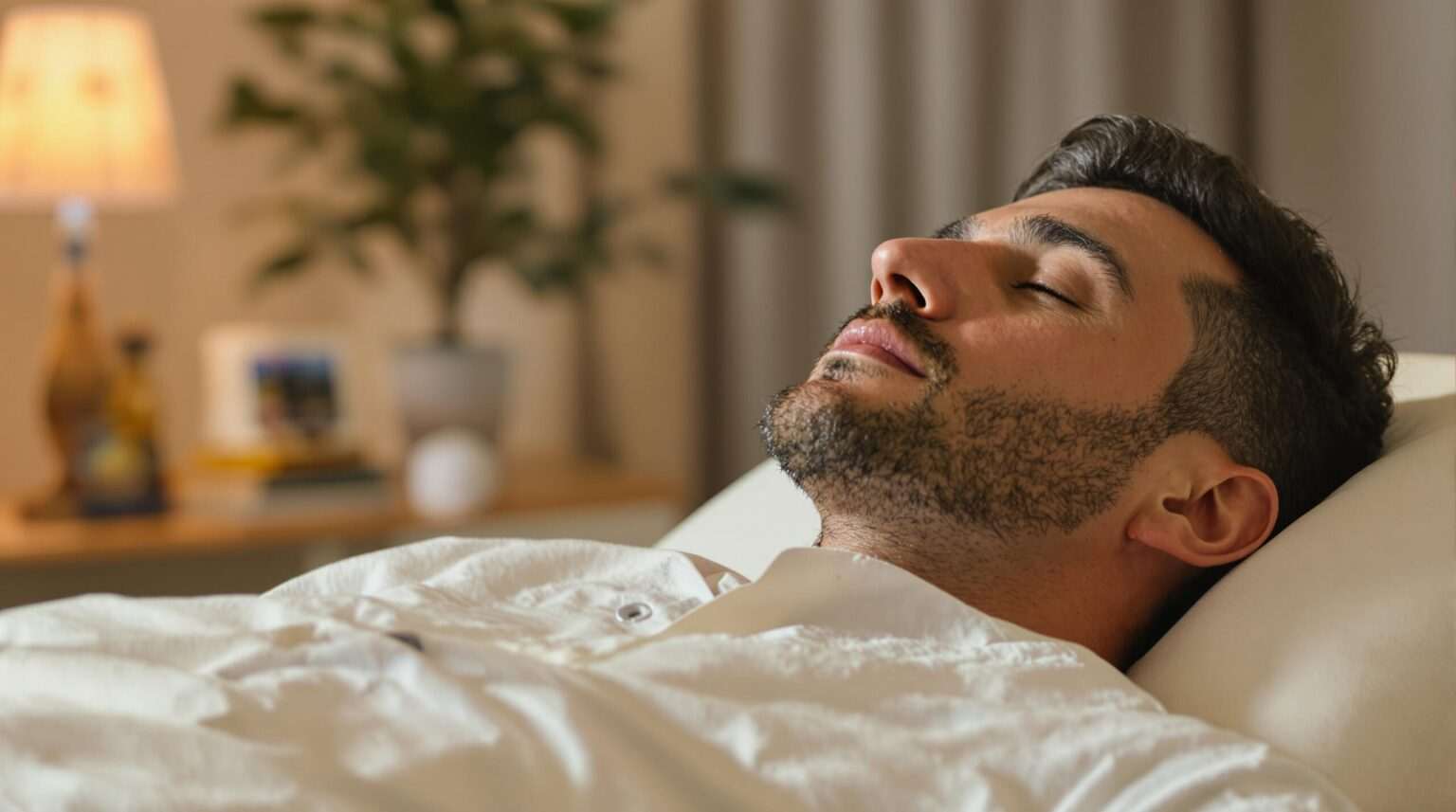 Man lying in bed with closed eyes, practicing deep breathing or relaxation techniques in a softly lit, peaceful room.