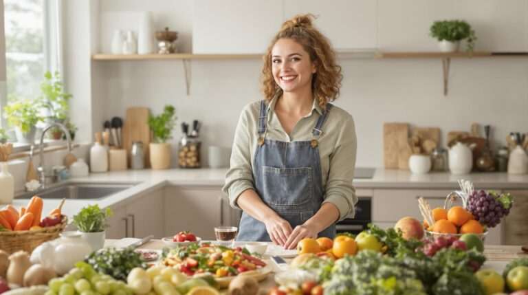 A woman happily preparing healthy food in a bright kitchen, representing How Hypnosis Helps You Break Free from Unhealthy Food Addictions.