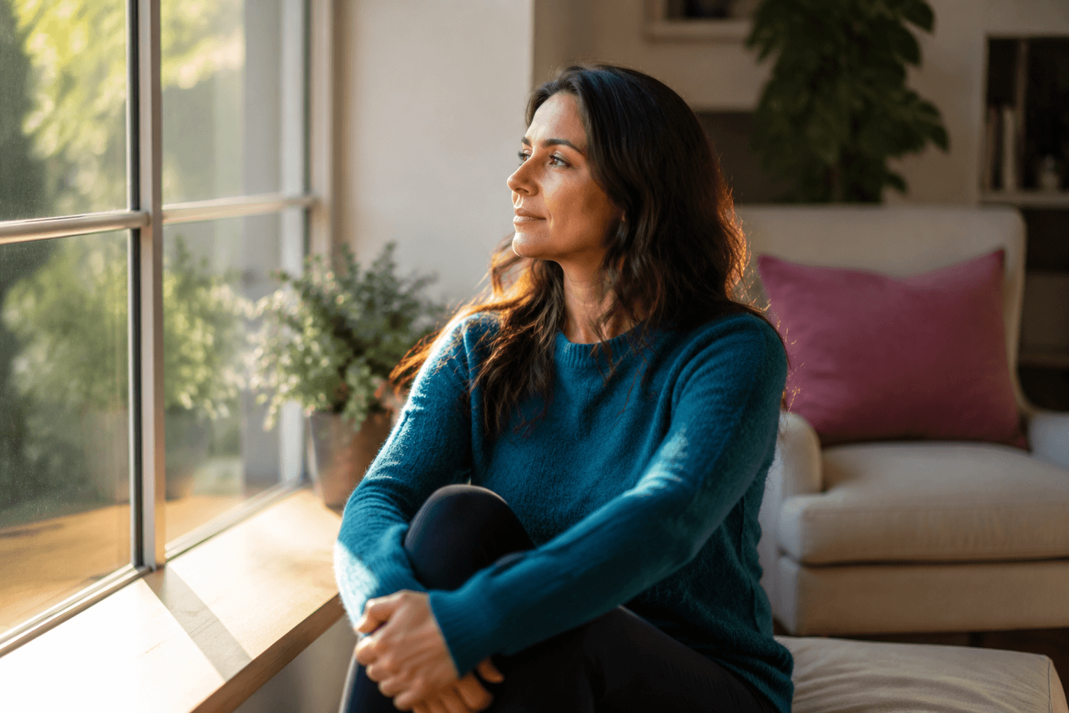Woman seated by a sunlit window, gazing outside while wearing a teal sweater in a cozy living room.