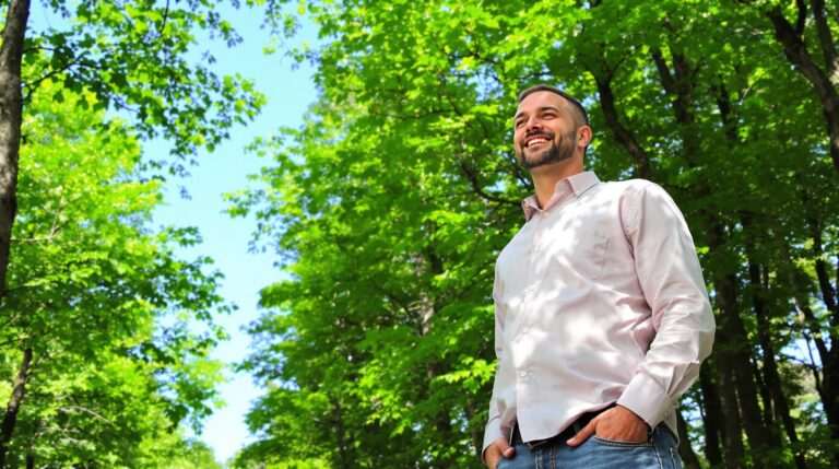 Smiling man standing in a lush green forest, enjoying fresh air and nature while looking up at the sky with a relaxed expression.