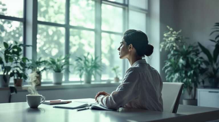 A woman sitting at her desk, meditating with earphones in, while attending an online hypnosis session via her laptop.