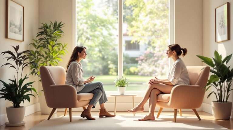 Two women engaged in a deep conversation in a bright, inviting therapy space filled with natural light and greenery.